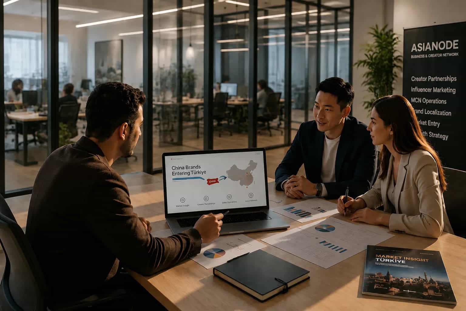 Asianode team discussing a brand market-entry strategy for Türkiye